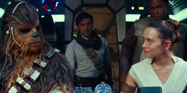 This image released by Disney/Lucasfilm shows, from left, Joonas Suotamo as Chewbacca, Oscar Isaac as Poe Dameron, Daisy Ridley as Rey and John Boyega as Finn in a scene from "Star Wars: The Rise of Skywalker."