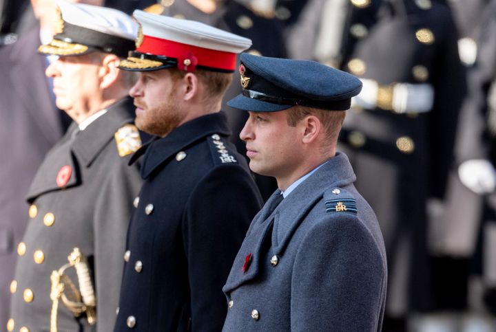 William and Harry attend the annual Remembrance Sunday memorial at The Cenotaph on Nov. 10, 2019 in London.&nbsp;