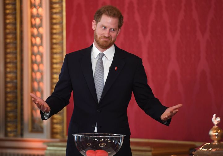 Harry makes a face during the event at Buckingham Palace. The Rugby League World Cup 2021 will take place from October 23 thr