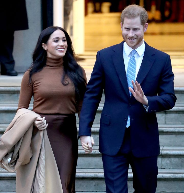 The Duke and Duchess of Sussex depart Canada House on Jan. 7, 2020 in London.