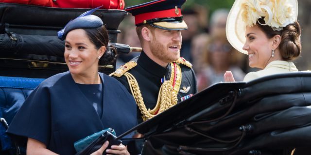 Prince Harry, Duke of Sussex. Meghan, Duchess of Sussex and Catherine, Duchess of Cambridge ride by carriage down the Mall during Trooping The Colour, the Queen's annual birthday parade, on June 08, 2019 in London, England. 