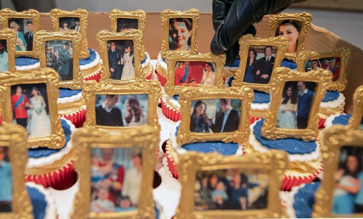 Cakes, decorated with images of Prince William and Kate Middleton, are pictured during their visit to the Khidmat Centre in B
