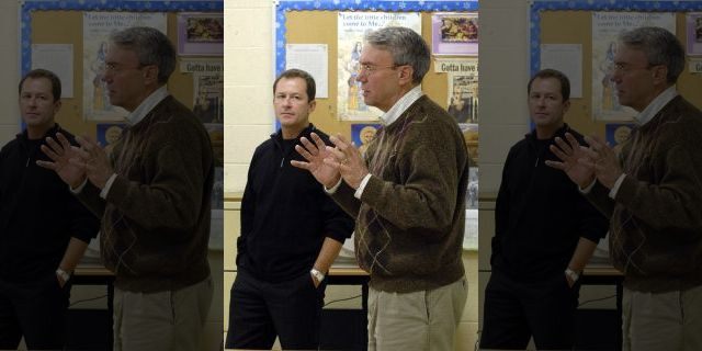 David Kaczynski, right, brother of the Unabomber, Ted Kaczynski, and Gary Wright, a Unabomber victim, speak to students in a classroom in Troy, New York, Tuesday, April 17, 2007.