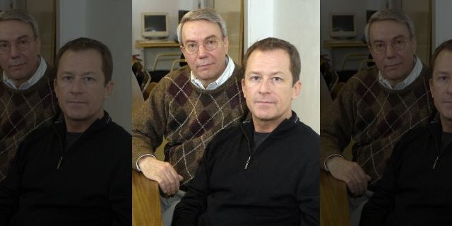 David Kaczynski, left, brother of the Unabomber, Ted Kaczynski, and Gary Wright, a Unabomber victim, pose during a break in a speaking engagement in Troy, New York, Tuesday, April 17, 2007.