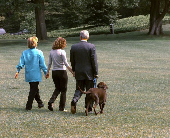 President Bill Clinton leaving the White House for Martha's Vineyard with Hillary Clinton and their daughter Chelsea in Augus