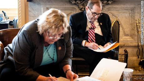 Democratic Reps. Zoe Lofgren of California and Jerry Nadler of New York are seen in the ante room.