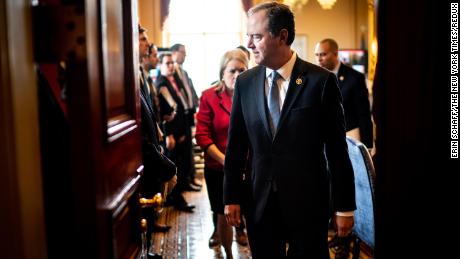 Rep. Adam Schiff and other House Managers walk to the Senate floor from their ante room (off the floor of the Senate) for the start of the day&#39;s session of the Senate impeachment trial on January 23.