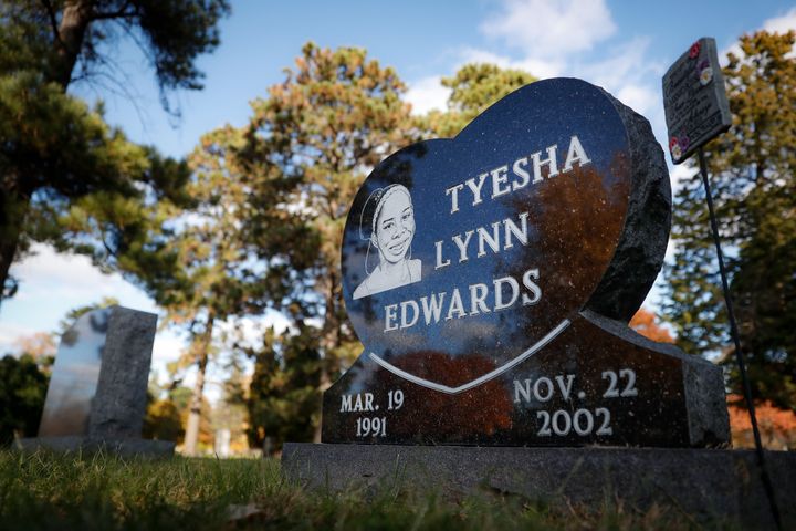 The gravestone of Tyesha Edwards, the victim of a 2002 shooting that resulted in the murder conviction Myon Burrell, rests at
