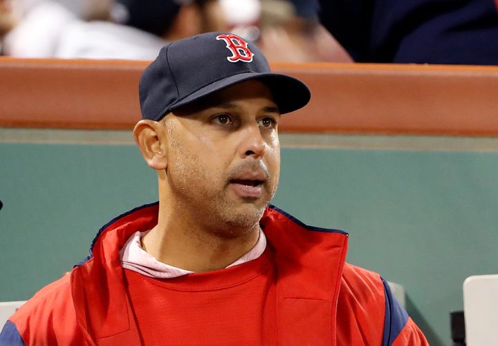 Boston Red Sox manager Alex Cora in the dugout during the fifth inning of a baseball game against the Toronto Blue Jays, Thur