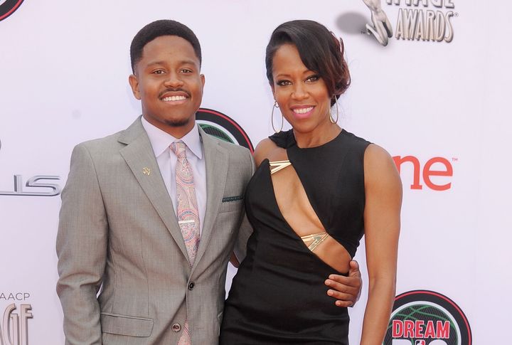 Regina King and her son, Ian, arrive at the 45th NAACP Image Awards on Feb. 22, 2014, in Pasadena, California.