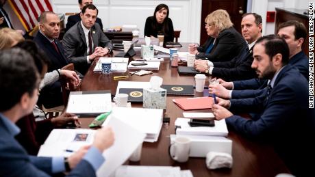 The House impeachment managers meeting in House Speaker Nancy Pelosi&#39;s office suite at the Capitol in Washington, January 20. 