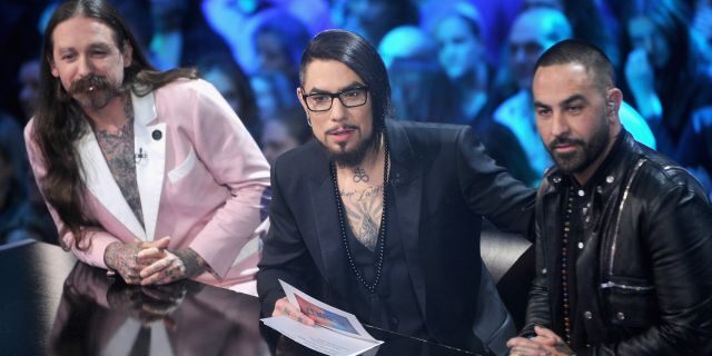 Host Dave Navarro flanked by judges Oliver Peck (L) and Chris Nunez (R) onstage during "Ink Master" Season 8 Live Finale at at Manhattan Center Grand Ballroom on Dec. 6, 2016.