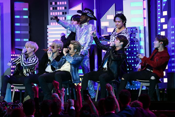 Lil Nas X and BTS perform onstage during the 62nd Annual Grammy Awards on January 26, 2020, in Los Angeles.