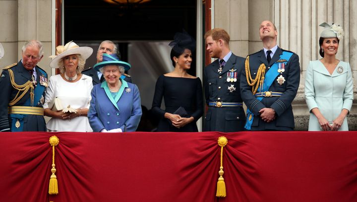 Charles, Camilla, Duchess of Cornwall, Queen Elizabeth, Meghan, Duchess of Sussex, Prince Harry, Prince William, and Catherin