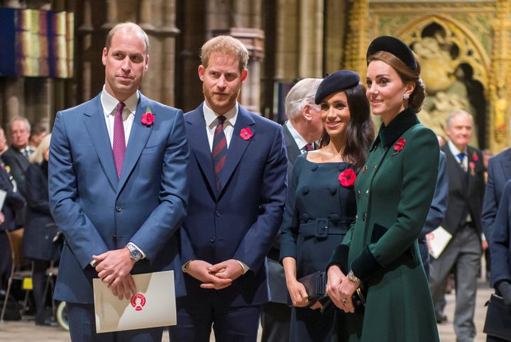William, Kate Middleton, Prince Harry and Meghan Markle arrive for an Armistice Service at Westminster Abbey on Nov. 11, 2018