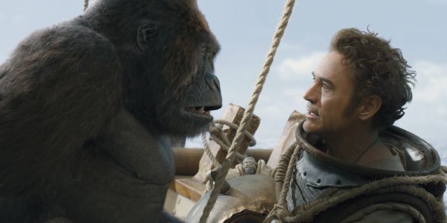 This image released by Universal Pictures shows Chee-Chee, voiced by Rami Malek, left, and Dr. John Dolittle, portrayed by Robert Downey Jr. in a scene from "Dolittle." 