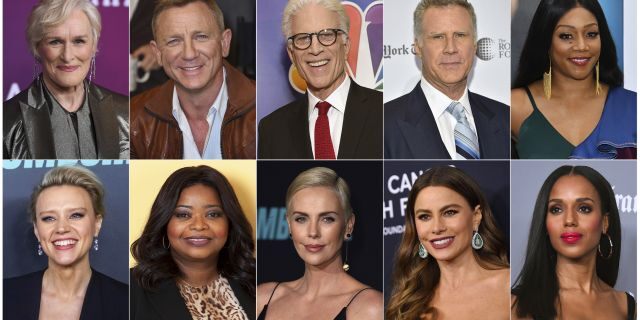 This combination photo shows, top row from left, Glenn Close, Daniel Craig, Ted Danson, Will Ferrell, Tiffany Haddish, bottom row from left, Kate McKinnon, Octavia Spencer, Charlize Theron, Sofia Vergara and Kerry Washington, who will serve as presenters at the Golden Globe Awards on Sunday.