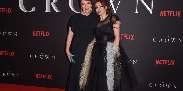 Olivia Colman and Helena Bonham Carter attend the World Premiere of Netflix Original Series "The Crown" Season 3 at The Curzon Mayfair on November 13, 2019 in London, England. 