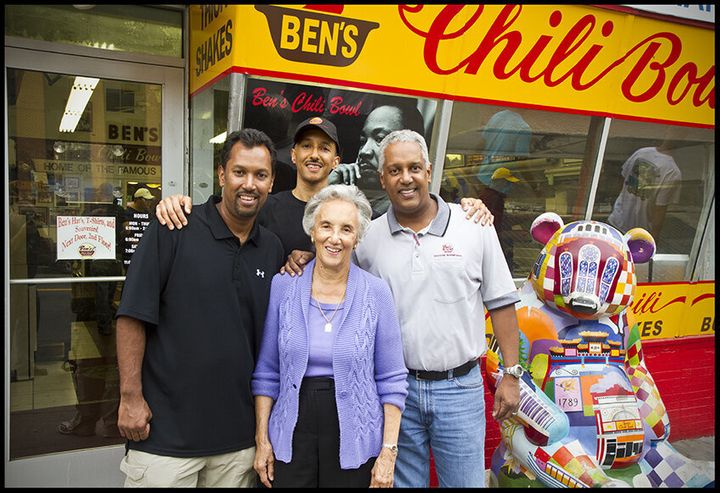 Virginia Ali (center) with family celebrating the 60th anniversary of Ben's Chili Bowl in 2018.
