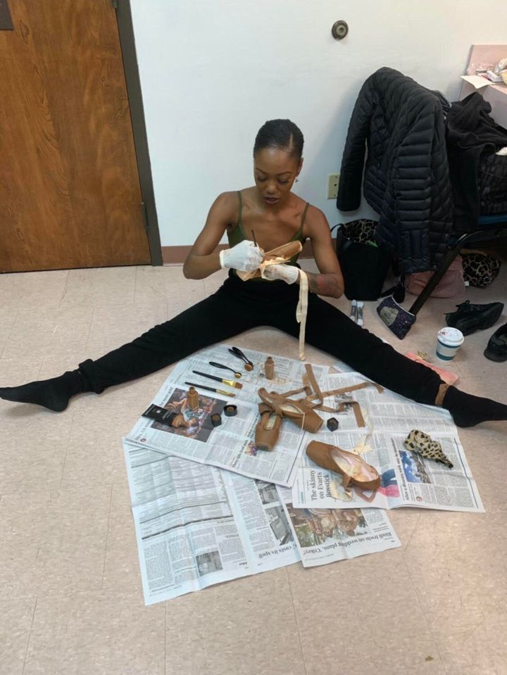 Dancer Cortney Taylor Key pancakes her pointe shoes with makeup to match her skin tone.&nbsp;Pointe shoes have reflected ballet&rsquo;s stance on race politics for centuries, recognizing only a pearlescent pink as default. Pancaking is a messy process and only recently have heritage pointe shoe suppliers incorporated darker palettes.
