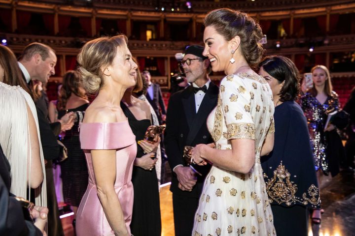 BAFTA winner Renee Zellweger and Catherine, Duchess of Cambridge, speak at the awards.