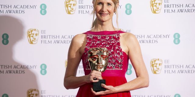 Laura Dern, winner of best supporting actress for 'Marriage Story,' poses with her award backstage at the Bafta Film Awards, in central London on Sunday, Feb. 2, 2020.