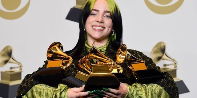 Billie Eilish with the awards for best album and best pop vocal album for "We All Fall Asleep, Where Do We Go?", best song and record for "Bad Guy" and best new artist at the 62nd annual Grammy Awards.