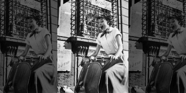 Audrey Hepburn gleefully drives a motorscooter on the set of 'Roman Holiday.'