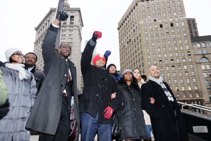 Yusef Salaam, left, with Kevin Richardson and&nbsp;Raymond Santana at a rally with supporters in New York, after a hearing in