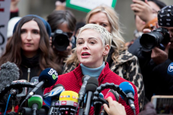 Rose McGowan speaks to the press as Harvey Weinstein arrived at court on Jan. 6, 2020, in New York City.