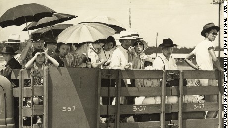 Japanese Americans are pictured at the Jerome concentration camp in Arkansas on June 18, 1944.