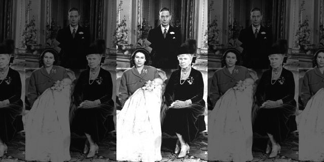 Queen Elizabeth pictured with her first son, Prince Charles, her grandmother Queen Mary and father King George VI at Buckingham Palace on the day of his Christening.