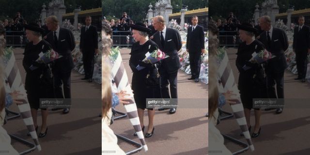 Queen Elizabeth II and Prince Philip, Duke of Edinburgh pictured at the public funeral of Diana, Princess of Wales.