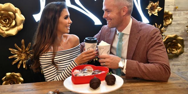 'Million Dollar Listing: New York' stars, Ryan Serhant and Emilia Bechrakis Serhant, shop for Valentine's Day gifts at the GODIVA café located in NYCs Flatiron district on February 10, 2020 in New York City. 