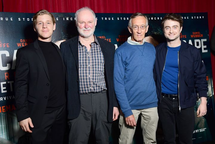 From left to right, Daniel Webber, Stephen Lee, Tim Jenkin and Daniel Radcliffe at a screening for the film "Escape From Pret