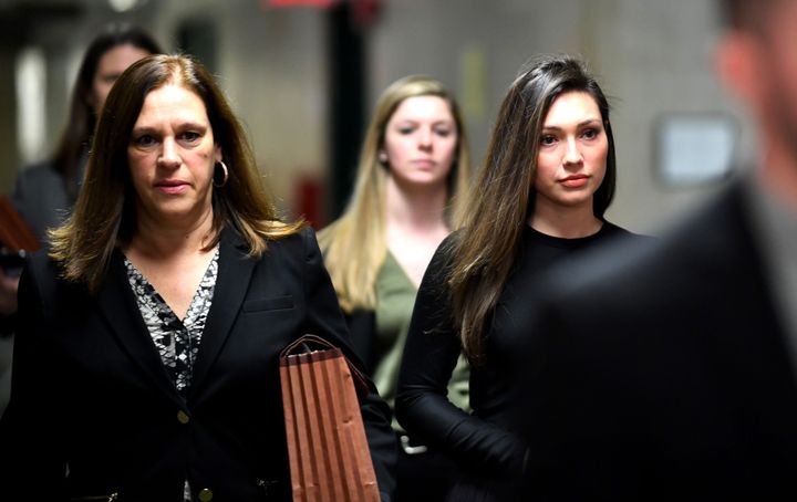 Former actor Jessica Mann, right, arrives for the trial of Harvey Weinstein at the Manhattan Criminal Court on Jan. 31.