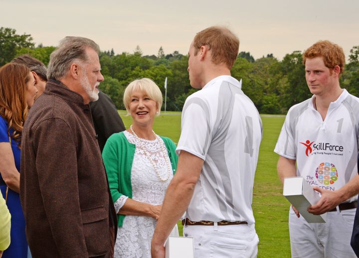 Taylor Hackford, Dame Helen Mirren and Princes William and Harry at the Audi Polo Challenge on May 31, 2014.