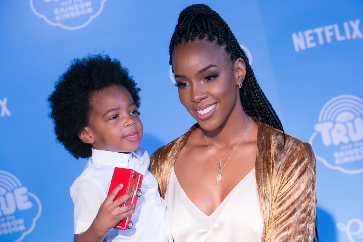 Kelly Rowland and her son, Titan, arrive for a sneak peek at Netflix's "True and the Rainbow Kingdom" on Aug. 10, 2017, in Los Angeles.
