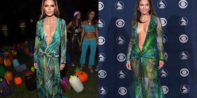 Lisa Rinna, left, paid homage to Jennifer Lopez, right, by rocking a dress similar to JLo's green Versace dress from the 2000 Grammy Awards.