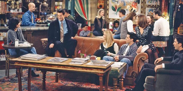 Courteney Cox as Monica Geller, James Michael Tyler as Gunther (far back), Matthew Perry as Chandler Bing, Lisa Kudrow as Phoebe Buffay, Matt LeBlanc as Joey Tribbiani, Jennifer Aniston as Rachel Green, David Schwimmer as Ross Geller.