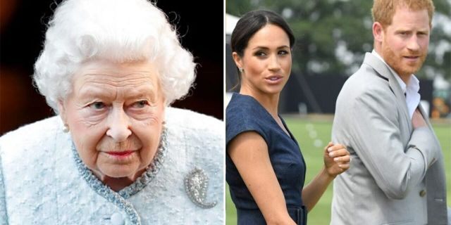 Queen Elizabeth II (left) has reportedly banned the Duke and Duchess of Sussex from banking on the "Sussex Royal" brand.