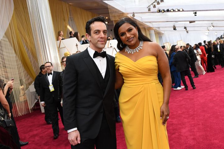 B.J. Novak and Mindy Kaling arrive for the 92nd Oscars at the Dolby Theatre in Hollywood, California on Feb. 9, 2020.