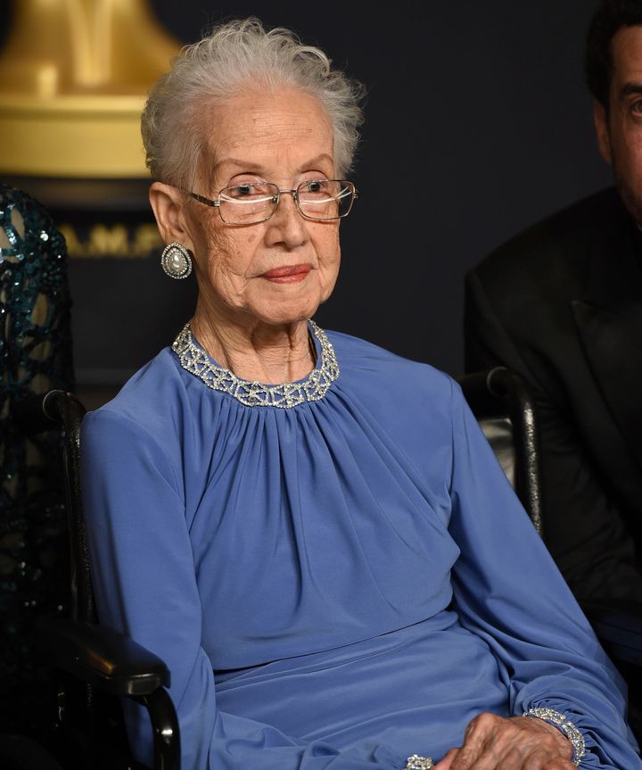 Katherine Johnson, the inspiration for the film "Hidden Figures," poses in the press room at the Oscars at the Dolby Theatre 