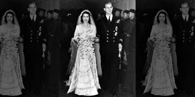 Queen Elizabeth II, as Princess Elizabeth, and her husband the Duke of Edinburgh, styled Prince Philip in 1947, on their wedding day. She became queen on her father King George VI's death in 1952.