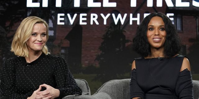 Reese Witherspoon, left, and Kerry Washington speak onstage during the Hulu Panel at Winter TCA 2020 at The Langham Huntington, Pasadena on January 17, 2020 in Pasadena, Calif. (Photo by Erik Voake/Getty Images for Hulu)