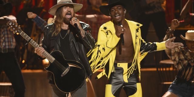  Billy Ray Cyrus, left, and Lil Nas X performing "Old Town Road" at the BET Awards in Los Angeles. The 2020 Grammy Awards are shaping up to be the night of the new kids, with Lizzo, Billie Eilish and Lil Nas X leading in nominations. 