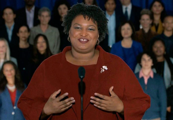 In this pool image from video, Stacey Abrams delivers the Democratic party's response to President Donald Trump's State of the Union address, Tuesday, Feb. 5, 2019 from Atlanta. Abrams narrowly lost her bid in November to become America's first black female governor, and party leaders are aggressively recruiting her to run for U.S. Senate from Georgia. Speaking from Atlanta, Abrams calls the shutdown a political stunt that 