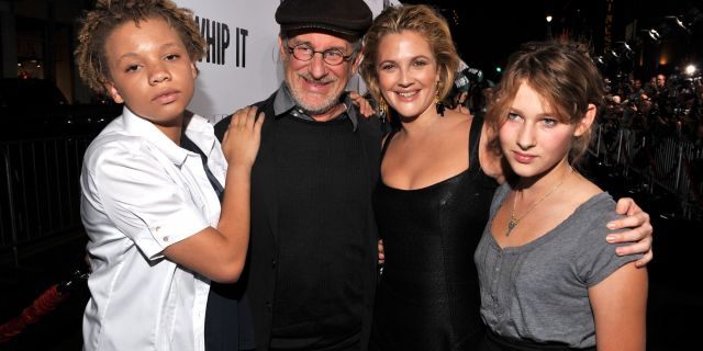 Director Steven Spielberg poses with his daughter, Mikaela (left), actress/director Drew Barrymore and daughter Sasha (right) at the Los Angeles premiere of 'Whip It' at the Grauman's Chinese Theatre in 2009.