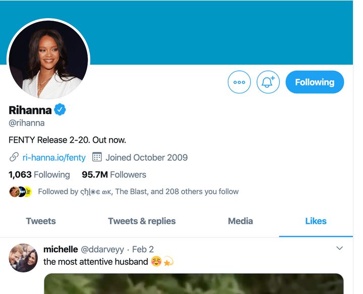 A screenshot showing that Rihanna liked the recent viral video of Harry and Meghan. 