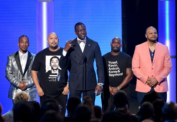 Yusef Salaam speaks, surrounded by (from left) Korey Wise, Raymond Santana Jr., Antron McCray and Kevin Richardson at the BET